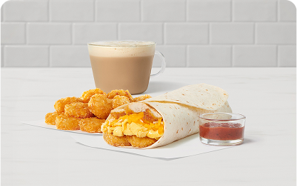 Burrito de Desayuno, Hash Browns & Latte